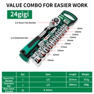 ISKU Kunci Sok Set 12 PCS CR-V Kunci Sok Wrench 1/2" Rachet alat perkakas lengkap motor