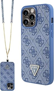 GUESS PU Leather Metal Logo Strass Crossbody Strap Phone Case for iPhone 15 Pro Max (Blue)