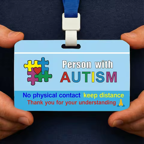Autism ID Card with Neck Lanyard, 0.76 mm (0.03 in) Thickness, Autism Awareness Alert Badge in Engli