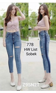 ( Bisa COD ) MC girl - Celana Jeans Pinggang Tinggi List Sobek 7/9 / High Waist Jeans List Koyak / H