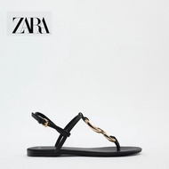 Zara Women's Shoes Black Sheepskin Buckle Design Flat Sandals 1604010 040