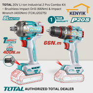 TOTAL 20V Li-ion Industrial 2 Pcs Combo Kit – Brushless Impact Drill (66Nm) & Impact Wrench (400Nm) 