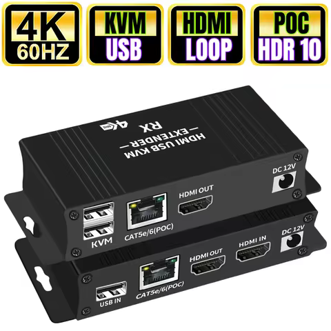 60M 4K 60HZ HDMI KVM Extender over Ethernet CAT6 RJ45 HDMI2.0b Extender 2.0 with POC USB KVM Control