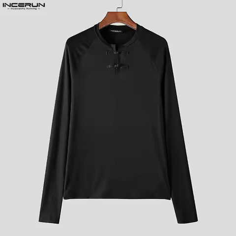 INCERUN Men T Shirt Patchwork V Neck Long Sleeve Knitted Male Tee Tops Streetwear Vintage Button Cas