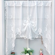 White Lace Short Curtain for Kitchen Small Window Half Curtain Flower Jacquard Design Mesh Window Screen Rod Pocket Top Drape