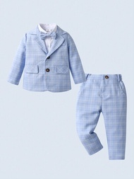 寶寶男仕風格3入組套裝,包括長袖西裝外套、蝴蝶結襯衫和褲子,適用於生日派對、晚宴和婚禮