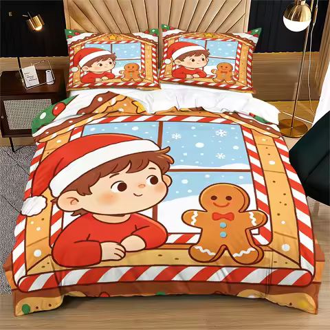 Cozy Gingerbread Xmas Duvet Cover Bedding Set Man Candy Stripe Snowy Winter Window Print Bedding Ski
