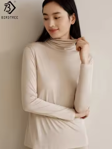 Birdtree, 100% Silk Solid Undershirt, Women Turtleneck Bottoming Shirt, Full Sleeve, 2025 Autumn Win