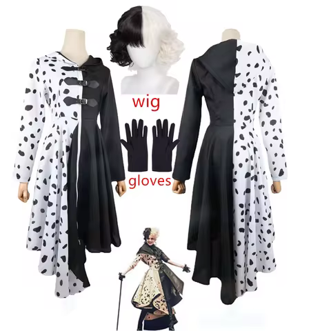 Anime Cruella Cosplay Costume Dress Outfit Cloak With Gloves Halloween Carnival Suit Cruella De Vil 