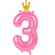 40 Inch Number Balloon 3, Pink 3rd Birthday Balloon Numbers with Crown, Three Year Old Birthday Deco