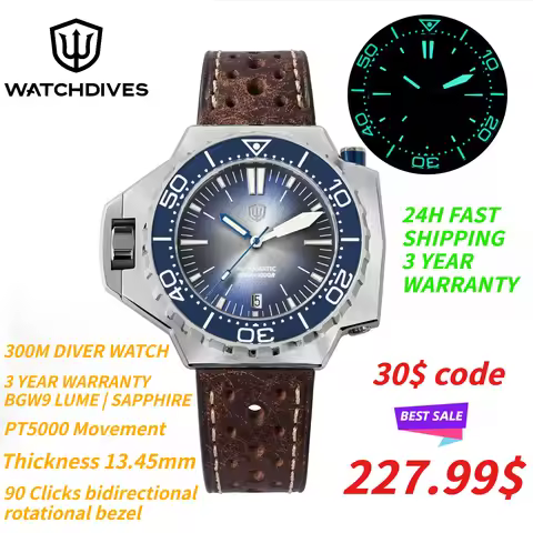Watchdives 300M Diver Watch WD1968 Automatic PT5000/PT5004 Sapphire Crystal Ceramic Bezel BGW9 Lumin