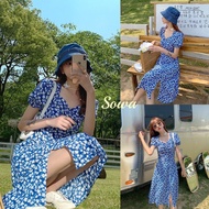 Sowa ชุดเดรสยาว ลายดอกน่ารัก ชุดสีน้ำเงิน สไตส์เกาหลี ลูกคุณหนูผู้ดี  งานใหม่ ยาว 88