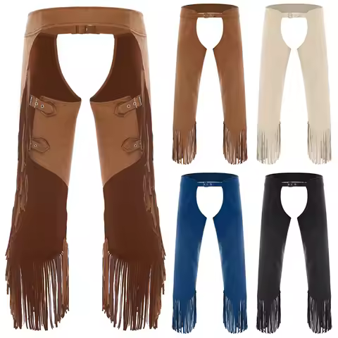 Mens Western Cowboy Chaps Fuax Suede Tassel Cutout Pants Vintage Hippie Adjustable Buckle Open Crotc