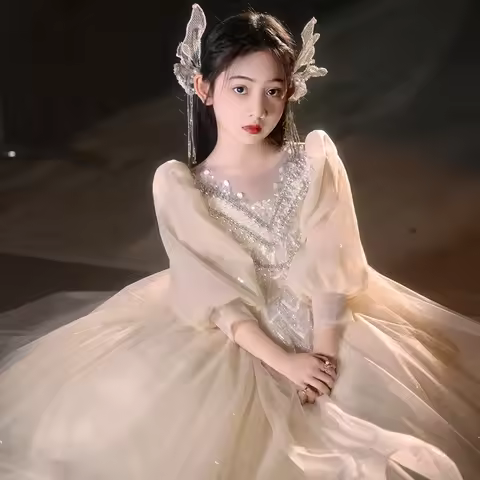 Piano Performance Costume for Girls Princess Party Dress for Children Kids White Sequins Long Ball G