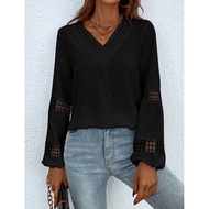 [PRELOVED] SHEIN Solid Guipure Lace Panel Bishop Sleeve Blouse