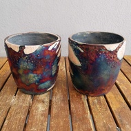 RAAQUU Seichō 2 Pack Raku Art Pottery Planter Pot for Indoor Plants Handmade Ceramic Home Decor Gift