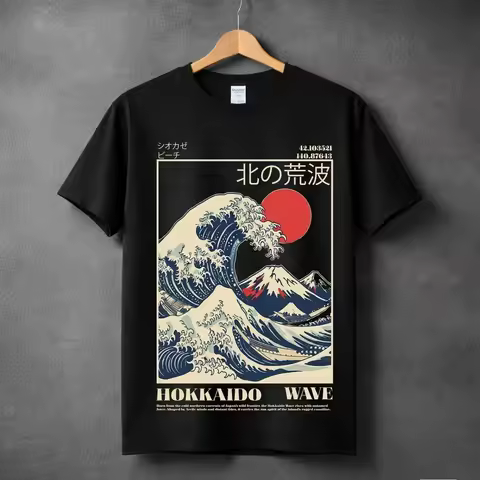 2026 Summer Hokkaido Wave Japanese Graphic T-Shirt Retro Great Wave Mount Fuji Art Tee Summer Haraju