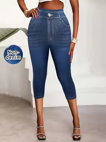 Summer Casual Fake Denim Printed 7 Points Pants Women Elastic High Waist Skinny Capri Leggings Stret