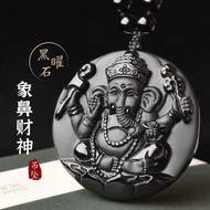 Obsidian Necklace Pendant黑曜石项链 天然黑曜石象神圆形佛牌項鏈 象头神吊坠 男士护身符平安符招财项链