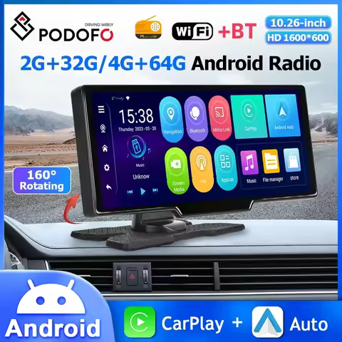 Podofo 10.26'' Android Car Monitor Carplay Dashboard Android Auto 4+64G 8Core Bluetooth Dash Camera