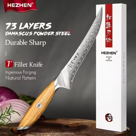HEZHEN 7 Inch Fillet Knife 73 Layers Damascus Steel Powdered Steel Core Kitchen Chef Filleting Knive