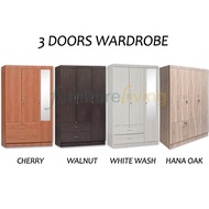 Furniture Living 3 Door Solid Plywood Wardrobe with NEW Soft Close Door Add-on Mirror(Cherry/Walnut/White Wash/Hana Oak)