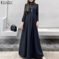 ZANZEA Muslimah ผู้หญิงมุสลิมแขนยาว A Line อาหรับ Abaya ชุดราตรี Kaftan Maxi Dress