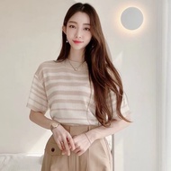 【HSTYLE】針織 清新條紋配色短袖針織衫FAVE-0011-均碼-杏色