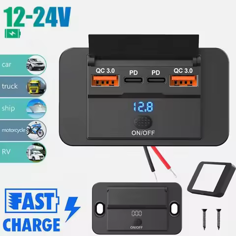 12V-24V PD QC3.0 Car Charger Socket Power Outlet Dual PD & Dual QC3.0 4Ports Fast Charger Socket Acc