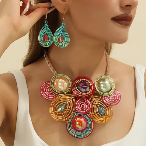Fashion Luxury Crystal Bead Aluminum Wire Hand Woven Statement Necklace Earrings Jewelry Set For Wom