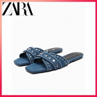 ZARA new women's shoes, denim flat slippers with rivet decoration HXXG