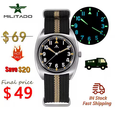 Militado ML17 Military Watch Miyota Super2035/GL12 Quartz Movement Sapphire Crystal BGW9 Night Light