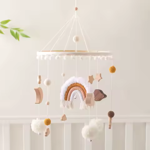 Baby Rattle Toys 0-12Months Wooden Crib Mobile Bed Bell Soft Felt Rainbow Clouds Hanging Bed Bell Mo