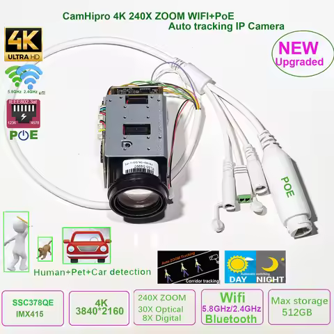 Camhipro 8MP 4K 240X zoom auto Tracking Wifi wireless IP Camera auto IRIS P2P ONVIF sony IMX415 WIFI