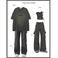 GREYCIE couple outfit Set, gray t-shirt, gray crop top, unisex wide leg pants S96 S55A1 S49Q1 S43A2 