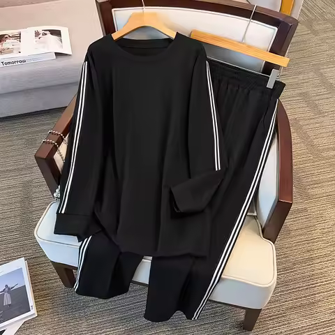 155Kg Plus Size Women's Bust 170 Autumn Striped Sweatshirt Long Pants Casual Set Black 4XL 5XL 6XL 7