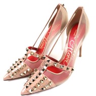 Valentino Garavani Garavani XW2S0CV9 網眼和鉚釘皮革高跟鞋，粉米色，37 碼，狀況極佳，配有盒子和防塵袋，意大利製造。