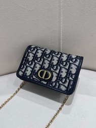 全新DIOR 30 Montaigne nano金屬質感經典老花滿印 織物 鏈條包 手袋 斜孭袋 單肩袋 迷你 mini黑色S2105UTZQ-M928