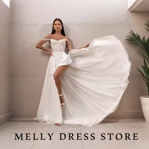 Melly Wedding Dress Bohemian Off Shoulder Lace Chiffon vestido de novia High Low Ruffle Slit Sweep T