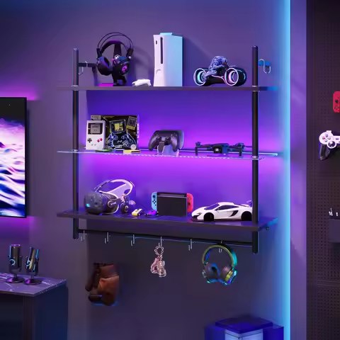 Gaming LED Floating Shelves for Wall 41" Wall Mounted Shelf Pipe Glass Shelves 3 Tier Hanging Displa
