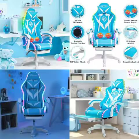 Ergonomic Gaming Chair with Massage, Bluetooth Speakers, LED Lights, and Footrest - Comfortable Comp