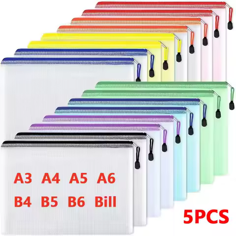 5PCS Stationery Storage Folder File Mesh Zipper Pouch A3 A4 A5 A6 B4 B5 Document Bag Zip File Folder
