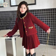 High-quality TWEED evening dress set lined with cotton felt, collar decorated with stone trim for gi