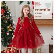 2025 Ruffles Long Sleeve Dress Princess Christmas Party Performance Wear Kids Winter Costume Starry 