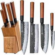 FAMCüTE Japanese Knife Block Set, Hand Forged 5-Layer 9CR18MOV Clad Steel Ultra Sharp Kitchen Knives