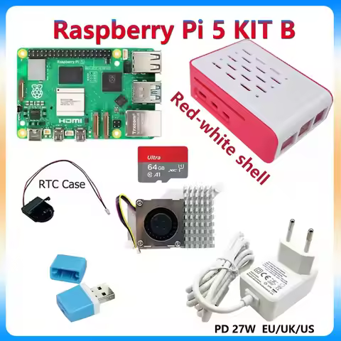 Raspberry Pi 5 16GB/8GB/4GB/2GB Optional Kit PD 27W Power+ Red-White Case+64GB Card+Card reader+RTC 