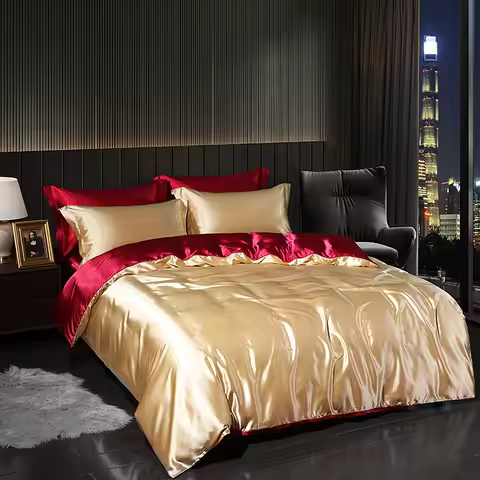Luxury Satin Bedding Set With Flat Sheet Duvet Cover High End Bedding Set High Density Satin Solid C