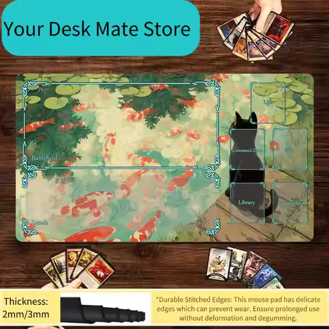 Magic Card Playmat with Zone Cartoon-style Black Cat Koi MTG Playmat Gathering Gaming Mats Desk Mat 