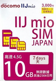 Docomo日本原生卡 IIJmio【日本】7天 10GB 高速4.5G 無限上網卡數據卡電話卡Sim咭 (10GB FUP)[H20]