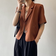 Order C27g] Korean Women's Coffee Color Short Sleeve blazer Tops retro Loose Casual Small Suit crop top outer